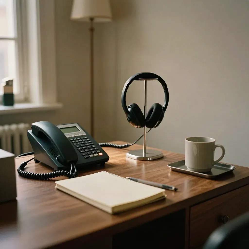 Postazione telefonica ordinata con cuffie, segreteria e tazza, luce calda d’attesa.