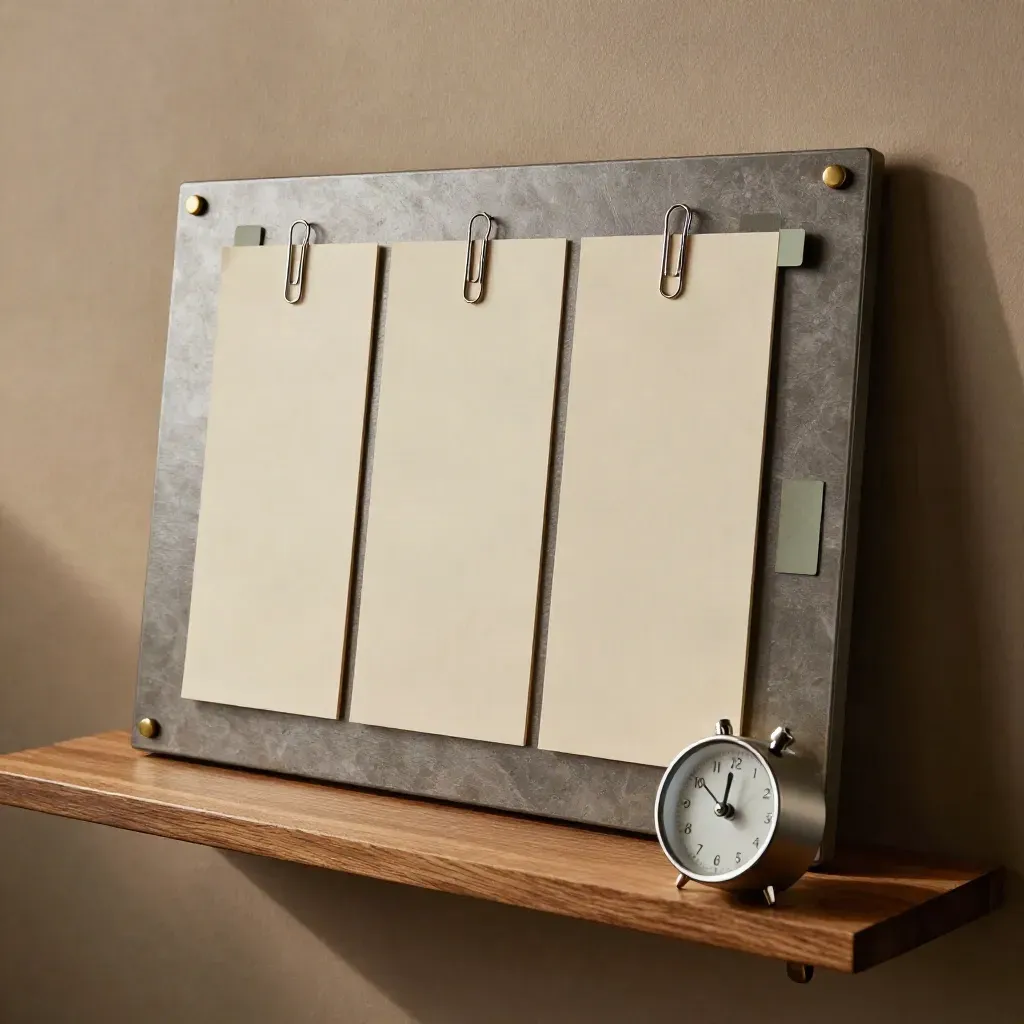 bacheca magnetica minimale con card vuote, elastici, fermacarte e timer in movimento