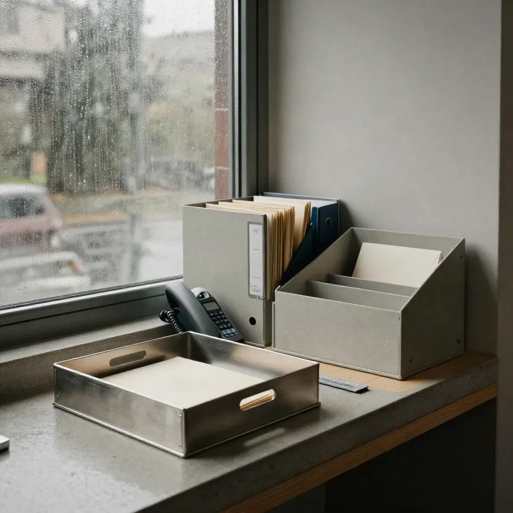 Angolo operativo premium con inbox metallici, raccoglitori e telefono, luce piovosa cinematica.