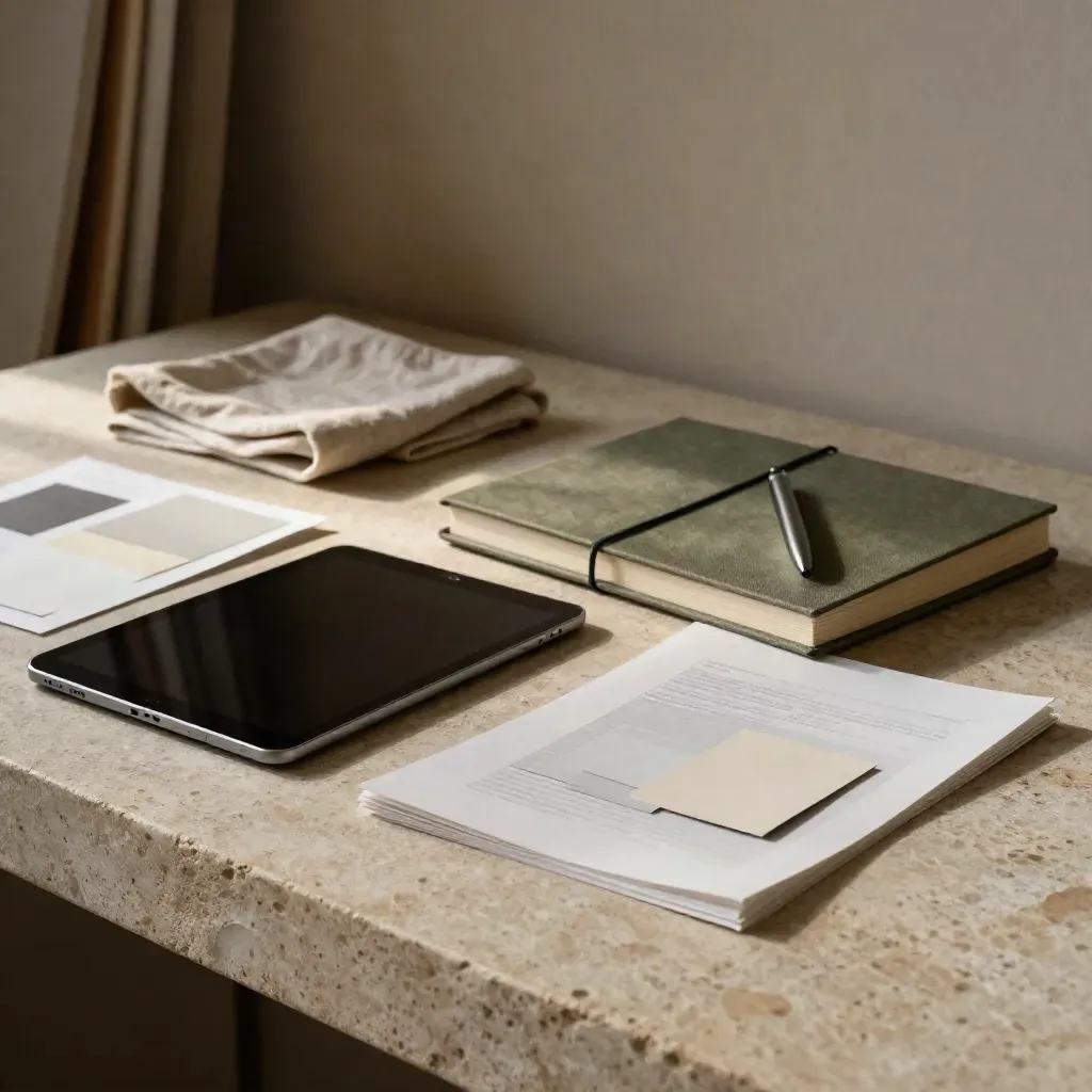 Angolo editoriale con tablet spento, taccuino chiuso, bozze sfocate e luce radente.