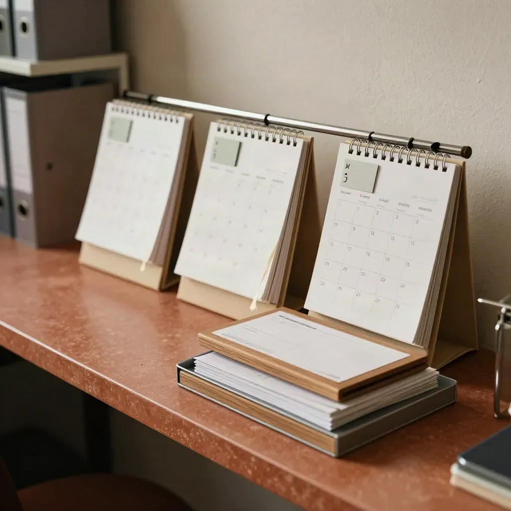 Sistema di agenda fisica con calendari chiusi, vassoi ordinati e segnalibri magnetici.