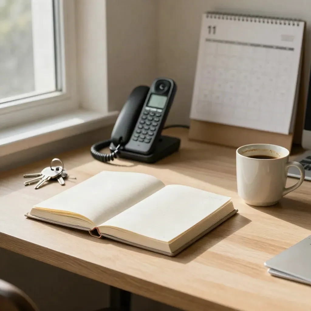 Scrivania domestica ordinata con agenda chiusa, telefono cordless, chiavi e tazza usata al mattino