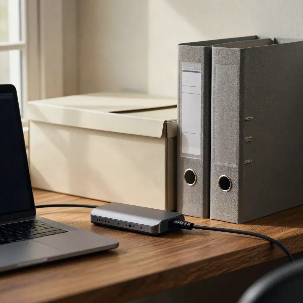 Postazione startup compatta con laptop chiuso, hub e raccoglitori ordinati su mensola chiara.
