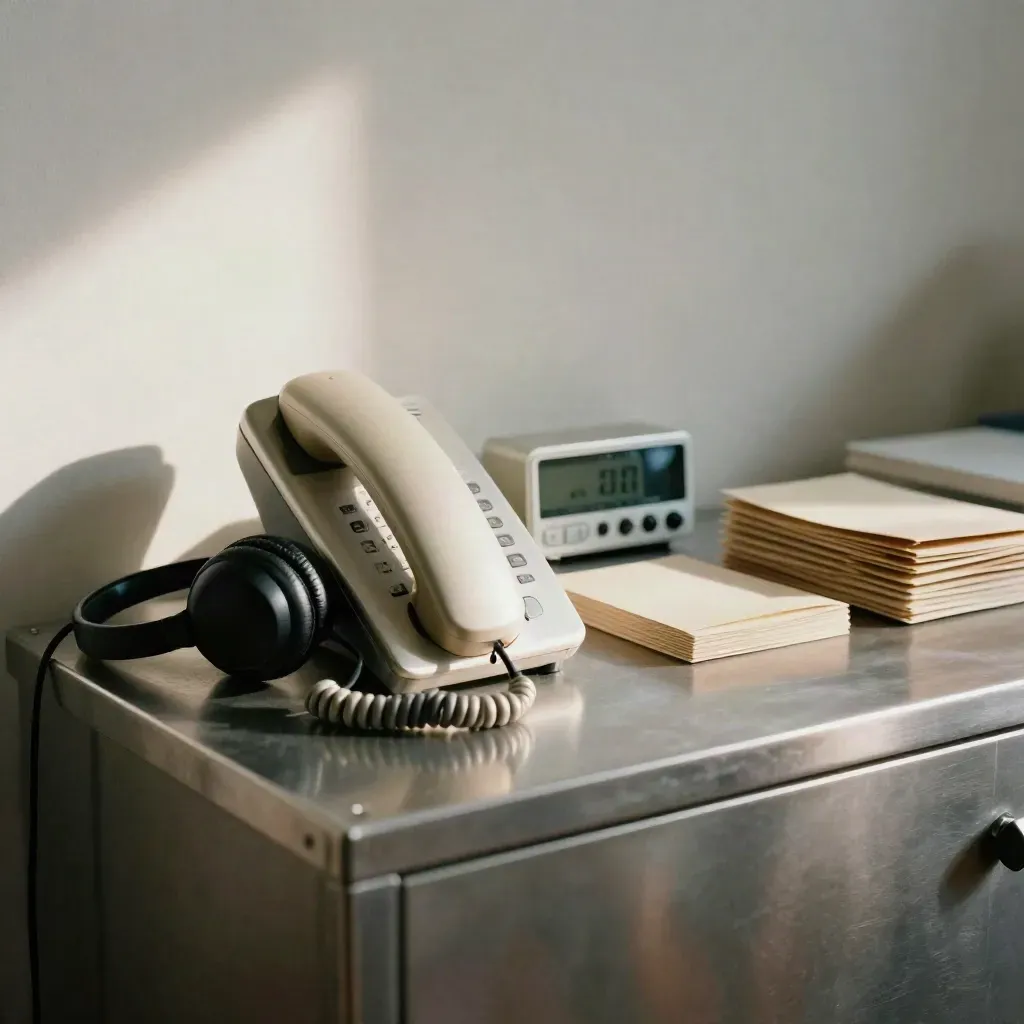 Postazione di risposta con telefono, cuffie e messaggi chiusi su piano metallico, luce morbida.