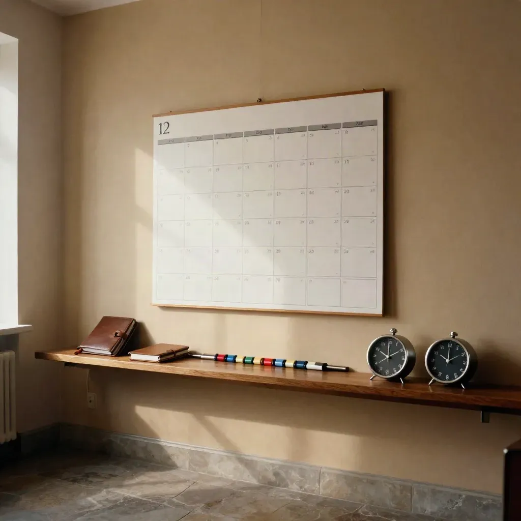 Calendario da parete ordinato con agenda chiusa e due orologi spenti in un angolo ufficio