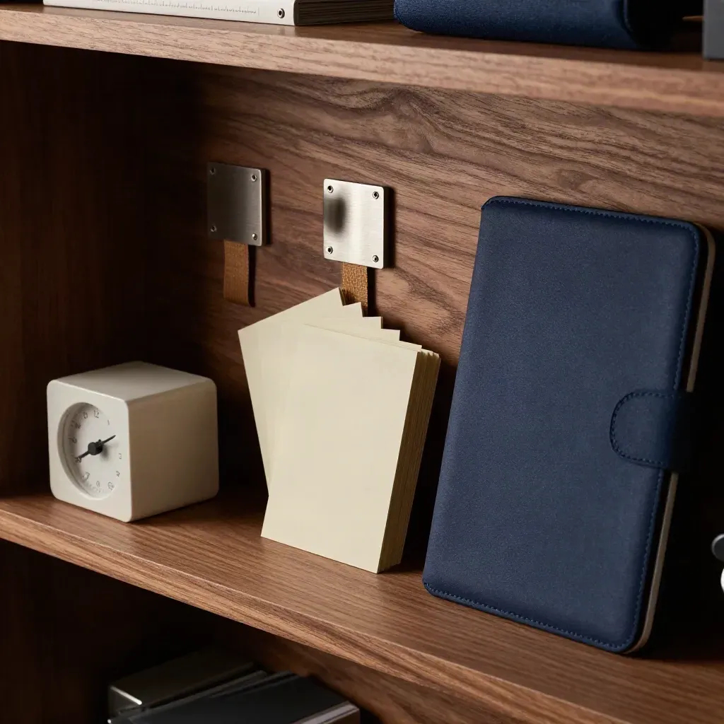 Kit di coordinamento progetti con timer, magneti, elastici, schede e custodia tablet su mensola in legno.