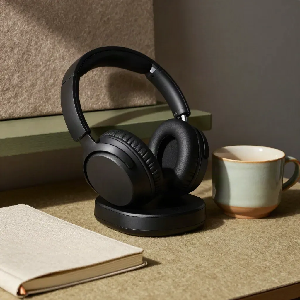 Primo piano di cuffie nere, base di ricarica, taccuino chiuso e tazza in ceramica su superficie oliva