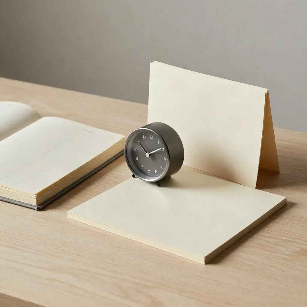 Timer da tavolo, cartelline e agenda chiusa su legno chiaro, in stile minimale editoriale.