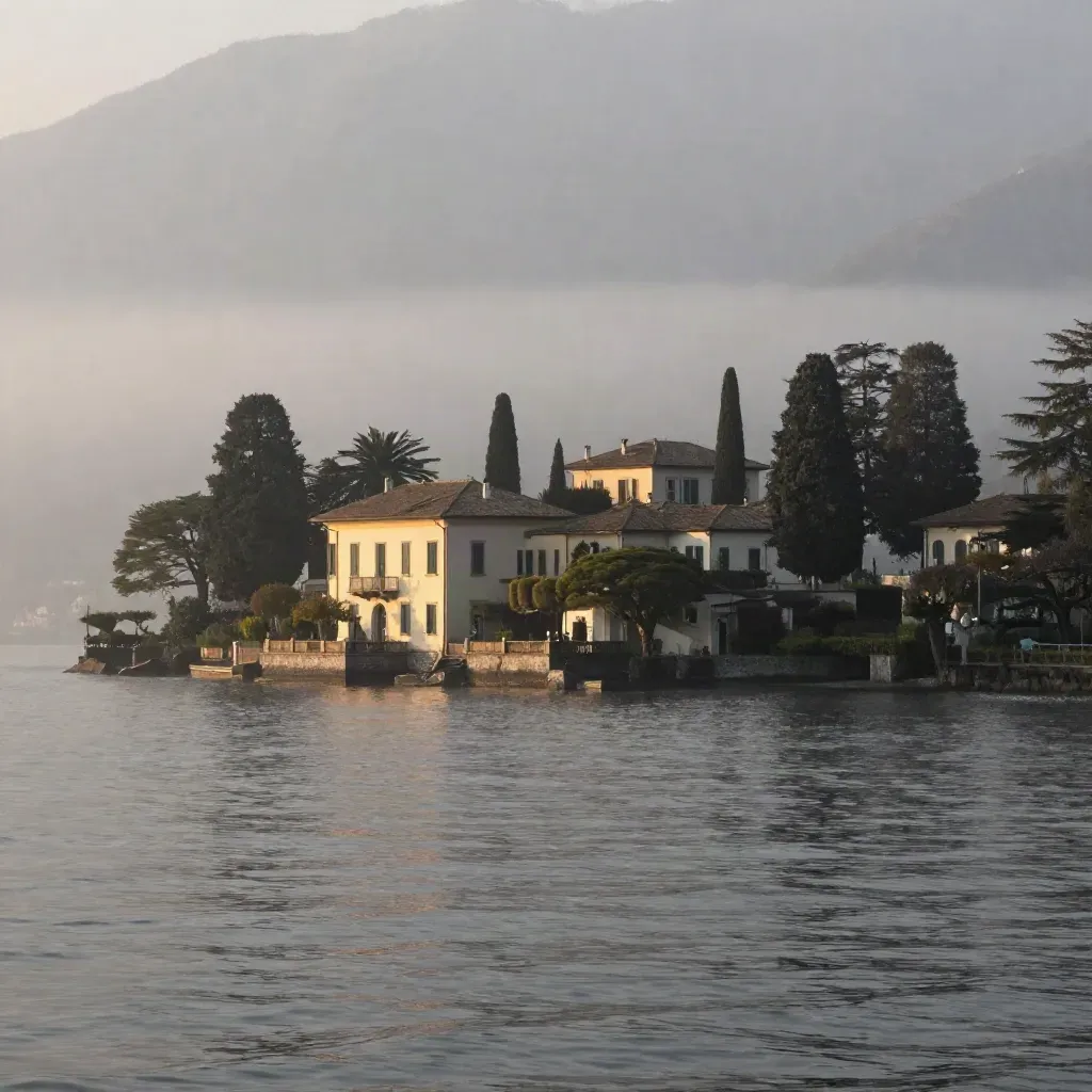Lago di Como all’alba con ville storiche, cipressi e acqua liscia nella foschia