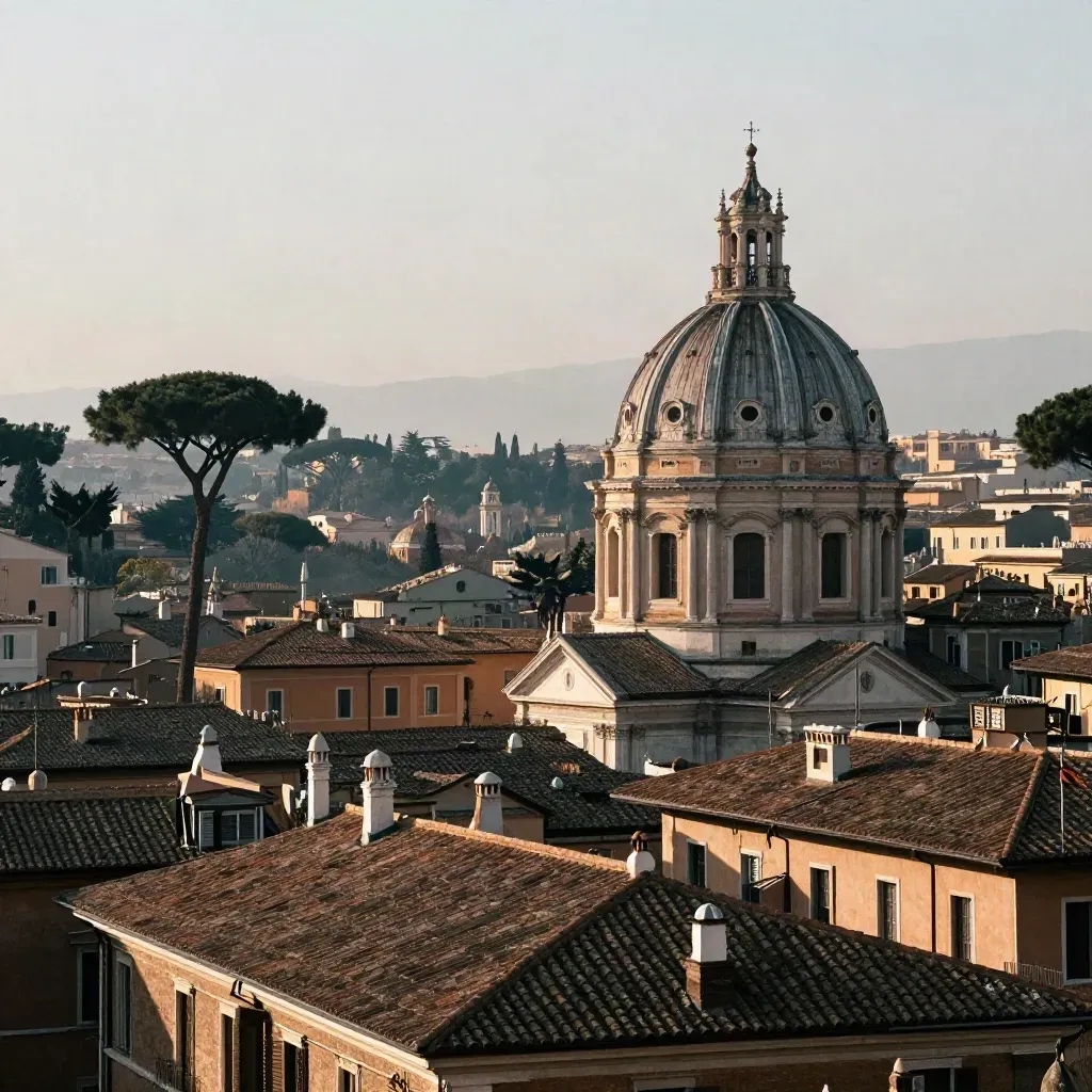 Roma all’alba con cupola, tetti in terracotta e pini marittimi in silhouette