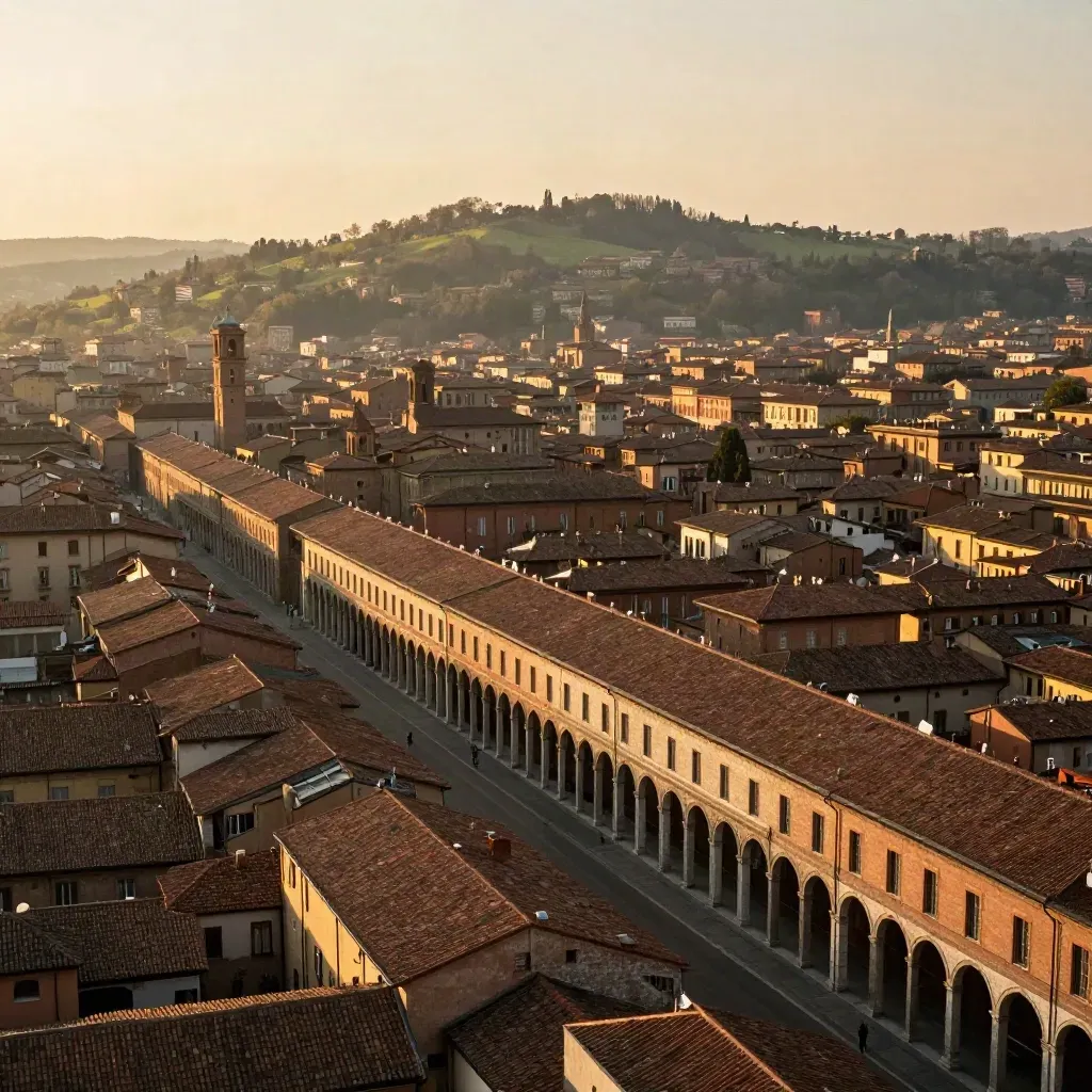 Bologna al tramonto, portico di San Luca sulla collina e tetti bassi in luce dorata
