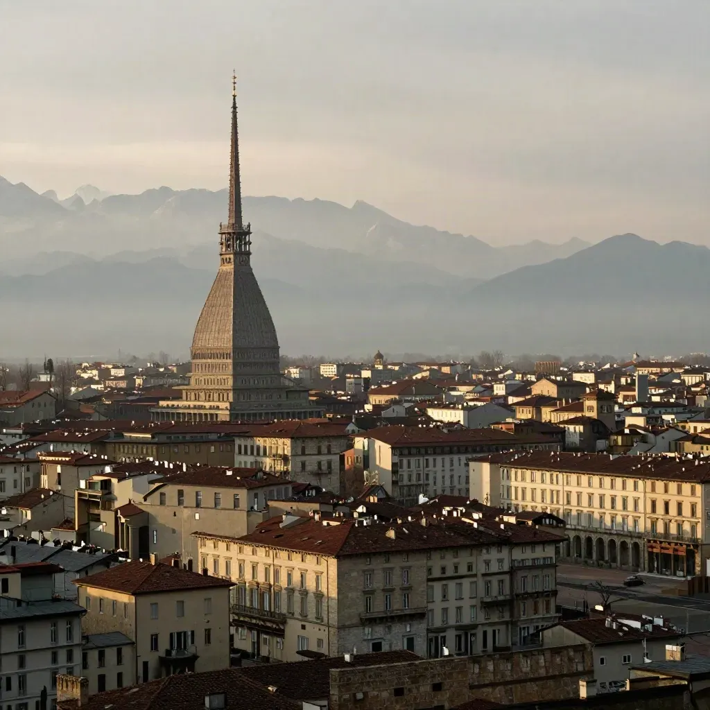 Torino al tramonto dopo un temporale, Mole Antonelliana alta e Alpi velate sullo sfondo