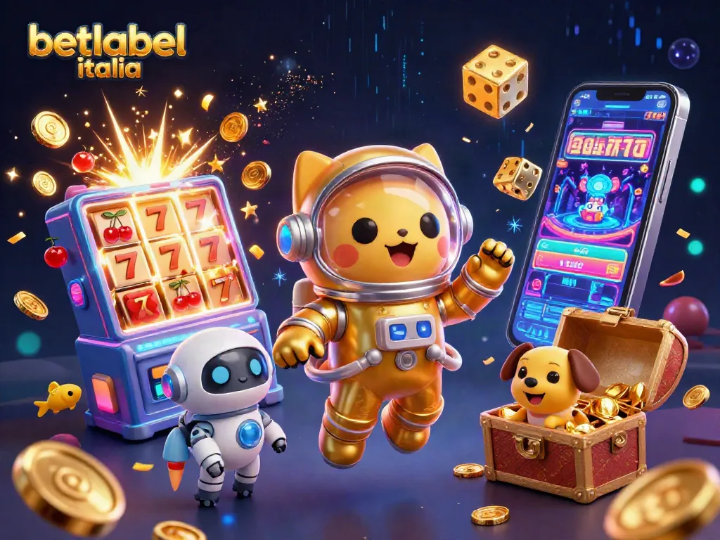 Betlabel Italia features a dynamic scene with colorful slot machines and a playful astronaut cat.
